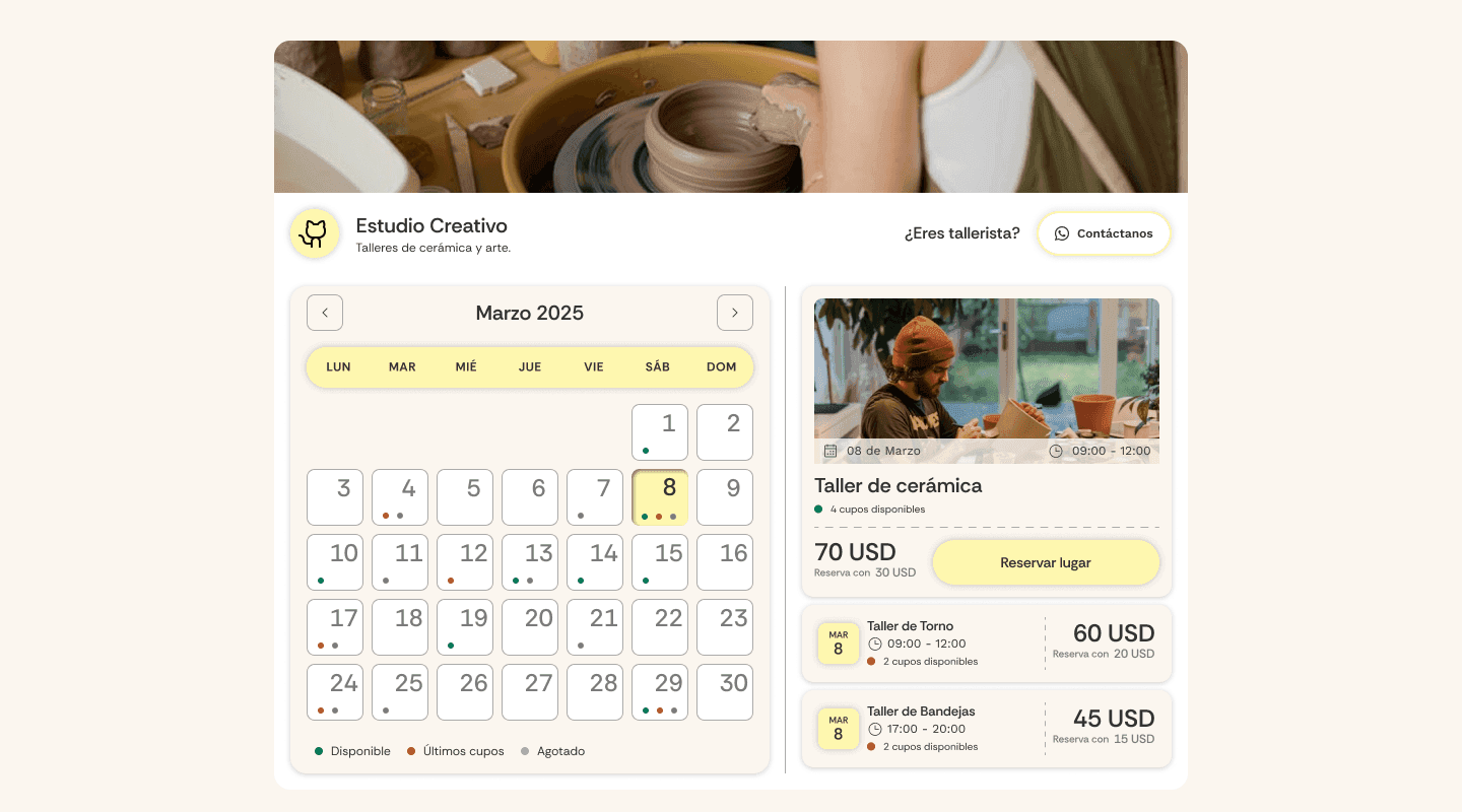 Calendario público de un taller en Afora
